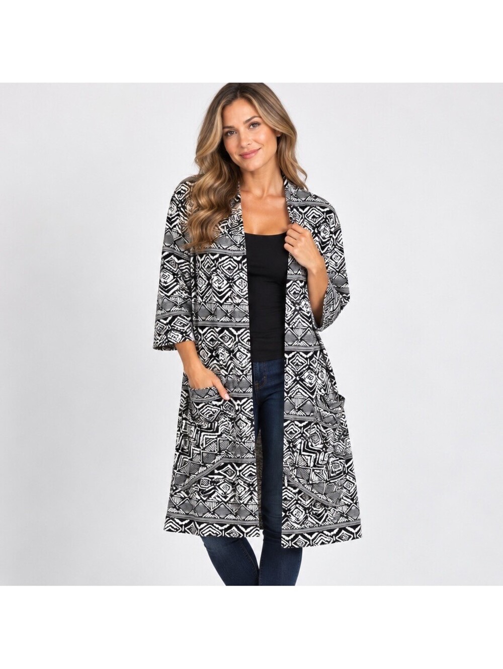 Alex & Olivia Woman Geometric Cardigan XL Black White Lagenlook Boho Duster